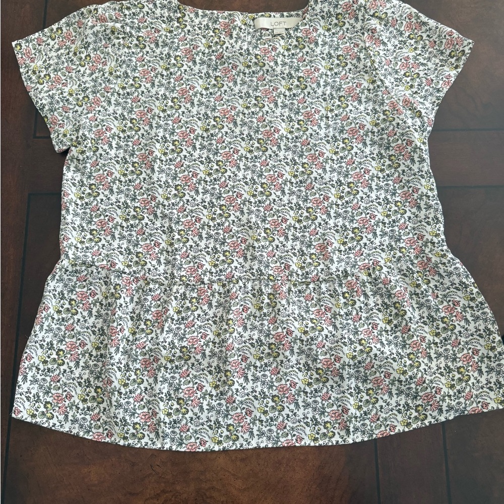 LOFT Women's Floral Peplum Short-Sleeve Blouse - White with Pink & Green